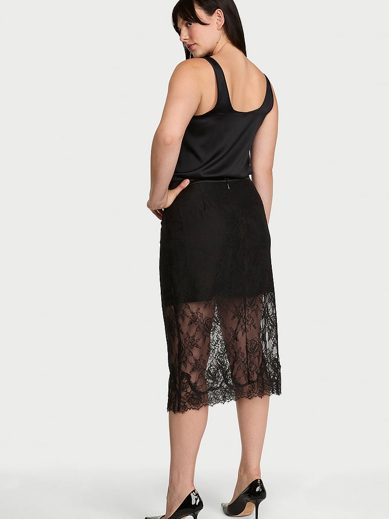 Victoria's Secret, Very Sexy Rose Lace Midi Skirt, Black, onModelSide, 3 of 4