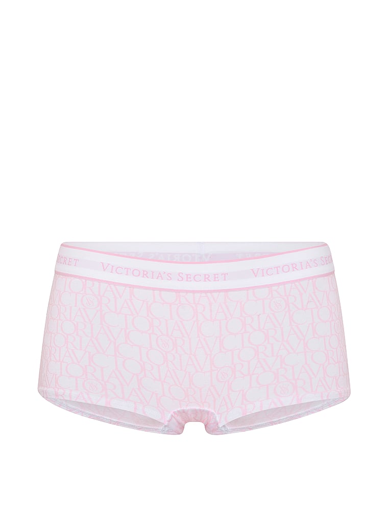 Victoria's Secret, Cotton Logo Cotton Lace Patch Boyshort Panty, Pink Victoria Logos, offModelFront, 3 of 3