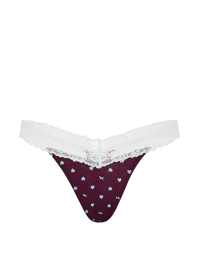 PINK Cotton Lace-Trim Thong Panty, Wild Rose Heart with Blue Dancer Lace, offModelFront, 3 of 3