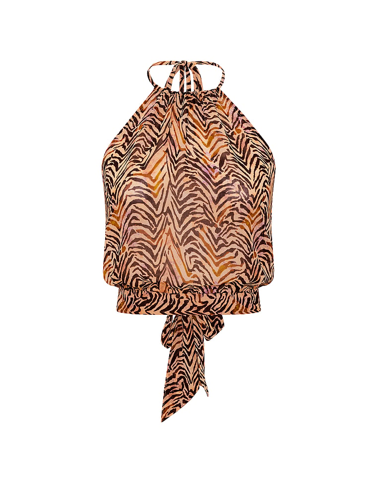 Victoria's Secret, Victoria's Secret Swim Beachwear Sheer Crinkle Halter Top, Brown Zebra, offModelFront, 3 of 3