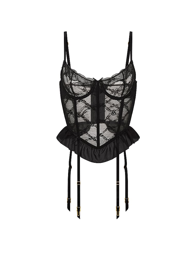 Victoria's Secret, Victoria's Secret Tease Bow Lace Garter Corset Top, Black, offModelFront, 4 of 4