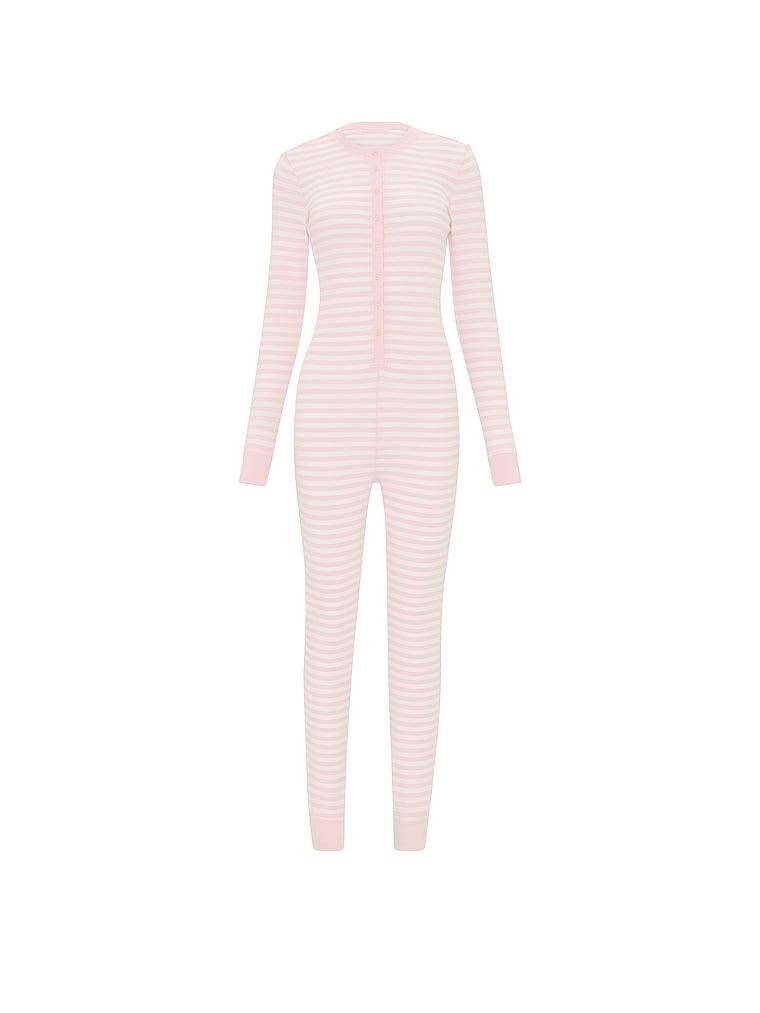 Victoria's Secret, Victoria's Secret Soft Thermal Henley Long Onesie, Pretty Blossom Stripes, offModelFront, 3 of 3