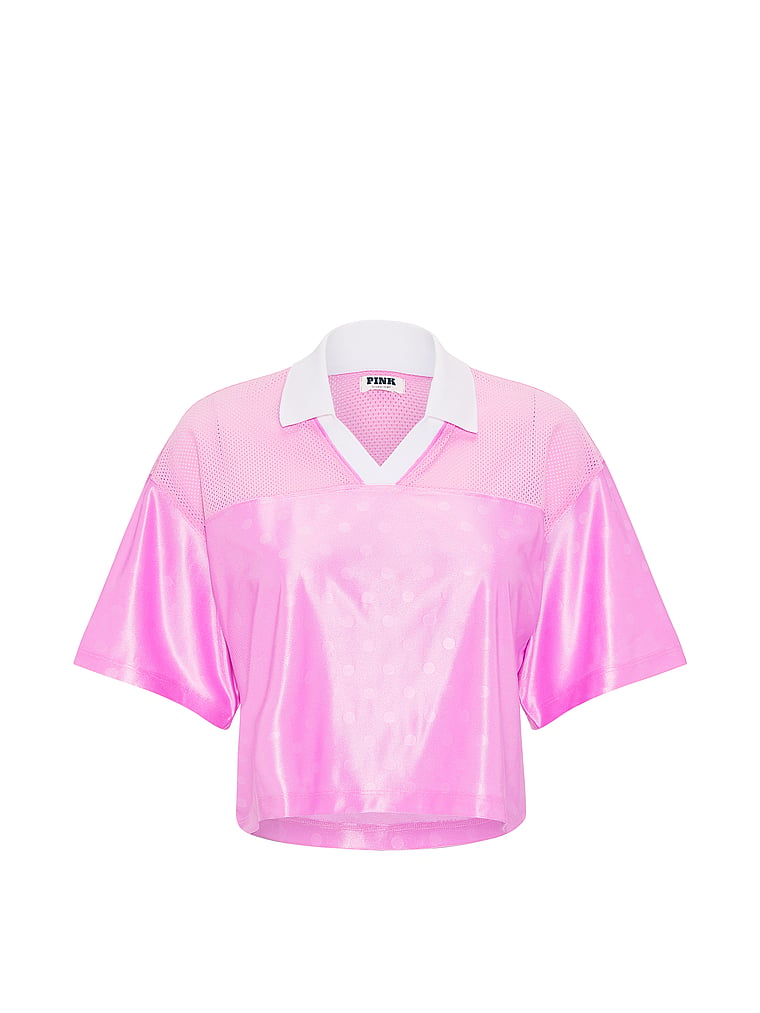 PINK Goal-Getter Satin Cropped Boxy Jersey, Pink Lollipop & White, offModelFront, 4 of 4