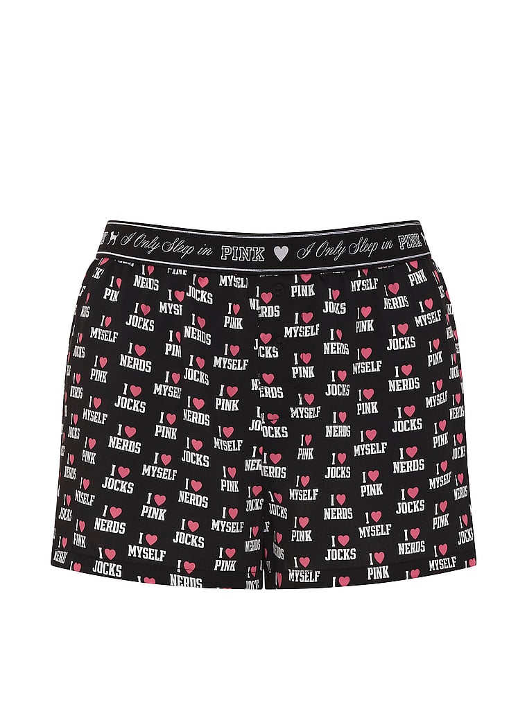 PINK Silky Sleep Boxy Pajama Shorts, Black "I Heart" Print, offModelFront, 4 of 4