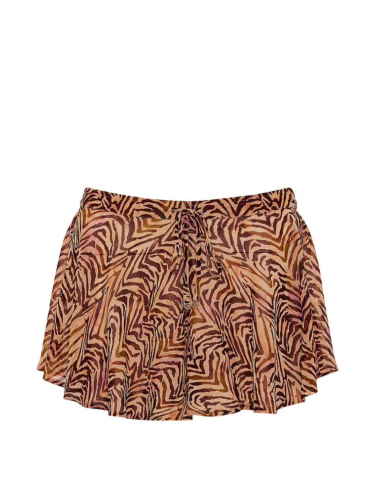 Victoria's Secret, Victoria's Secret Swim Beachwear Sheer Crinkle Flutter Short, Brown Zebra, offModelFront, 3 of 3