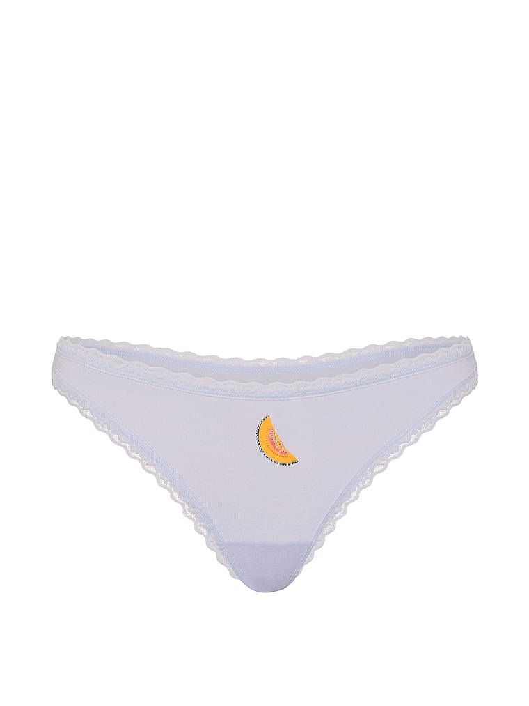 Victoria's Secret, Lace Trim Cotton Lace-Trim Thong Panty, Belle Flower Blue Mango, offModelFront, 3 of 3