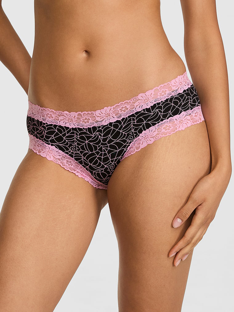 PINK PINK Wink™ Lace-Trim Cotton Cheeky Panty, Black Spiderweb, onModelFront, 1 of 3