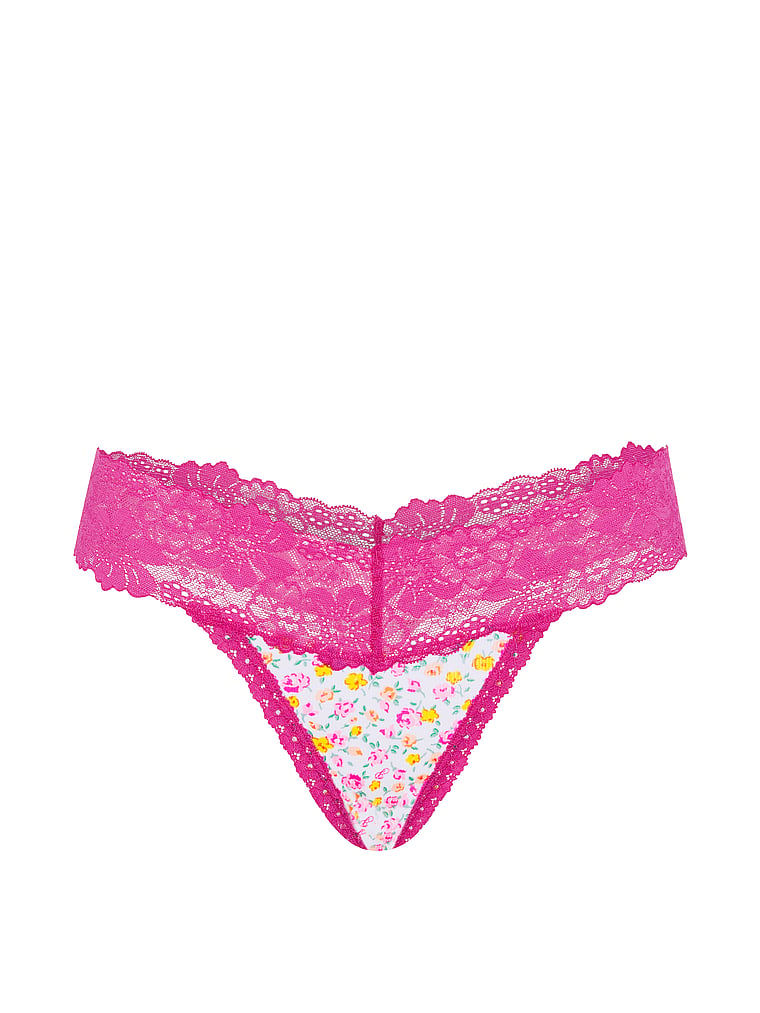 PINK PINK Wink™ Lace-Trim Cotton Thong Panty, VS White Floral, offModelFront, 3 of 3