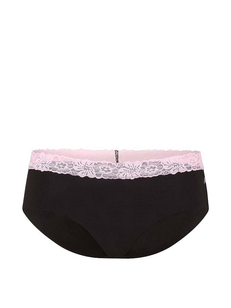PINK No-Show Hiphugger Panty, Black w/ Pink Tulip Lace Trim, offModelFront, 3 of 3