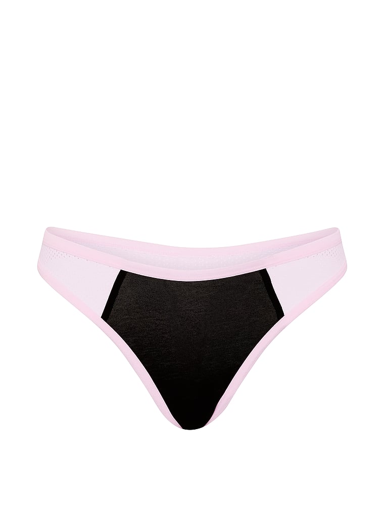 PINK Cotton High-Leg Thong Panty, Black with Pink Tulip Trim, offModelFront, 3 of 3