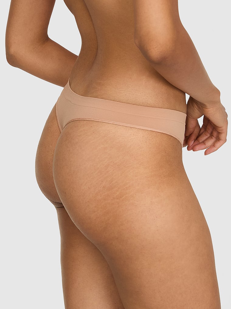 PINK Seamless High-Leg Thong Panty, Praline Logo Wb, onModelBack, 2 of 3