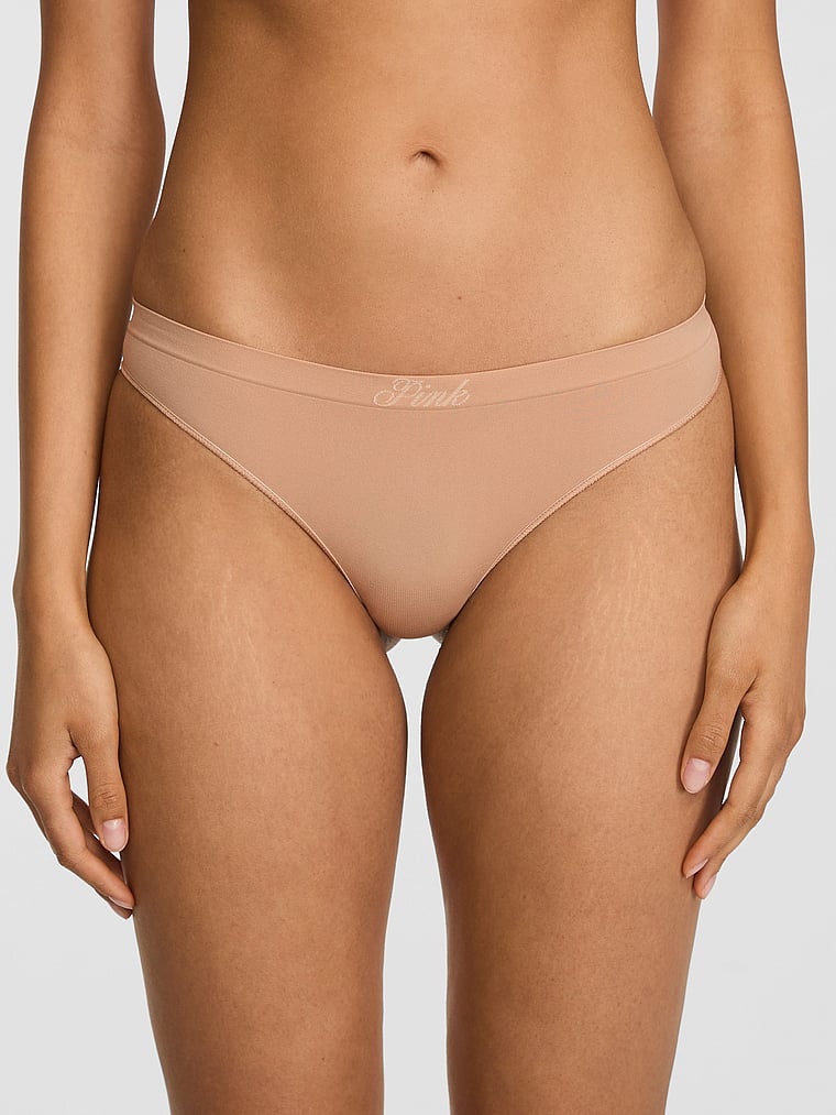 PINK Seamless High-Leg Thong Panty, Praline Logo Wb, onModelFront, 1 of 3