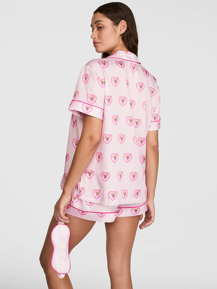 PINK | Elle PINK | Elle 3-Piece Satin Eye Mask & Short Pajama Set, Pink Tulip Dog, onModelBack, 2 of 5