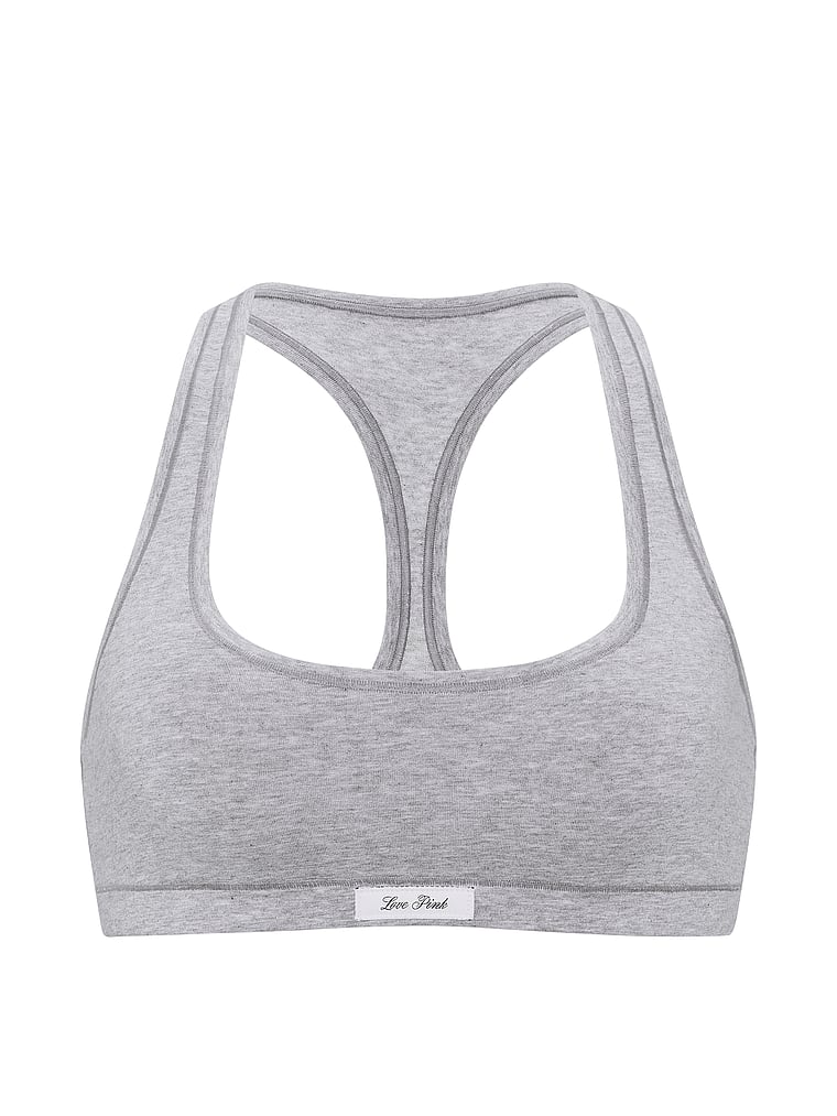PINK Cotton Unlined Racerback Bralette, Heather Grey, offModelFront, 4 of 4