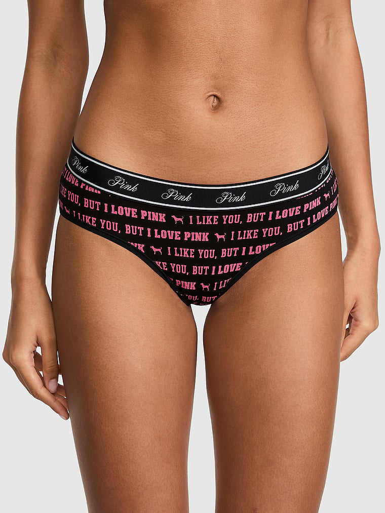 PINK Lacie Logo Hiphugger Panty, Black I Like You, But I Love Pink, onModelFront, 1 of 3