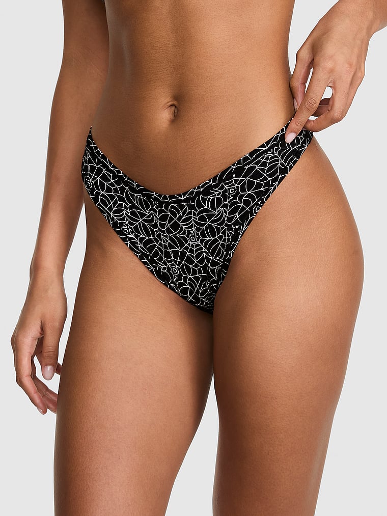 PINK Cotton Thong Panty, Black Spiderweb, onModelFront, 1 of 3