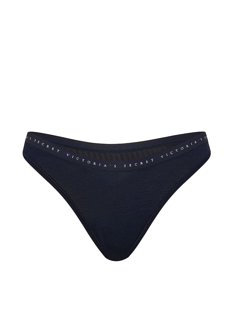 Victoria's Secret, Victoria's Secret Stretch Cotton High-Leg Scoop Thong Panty, Noir Navy, offModelFront, 3 of 3