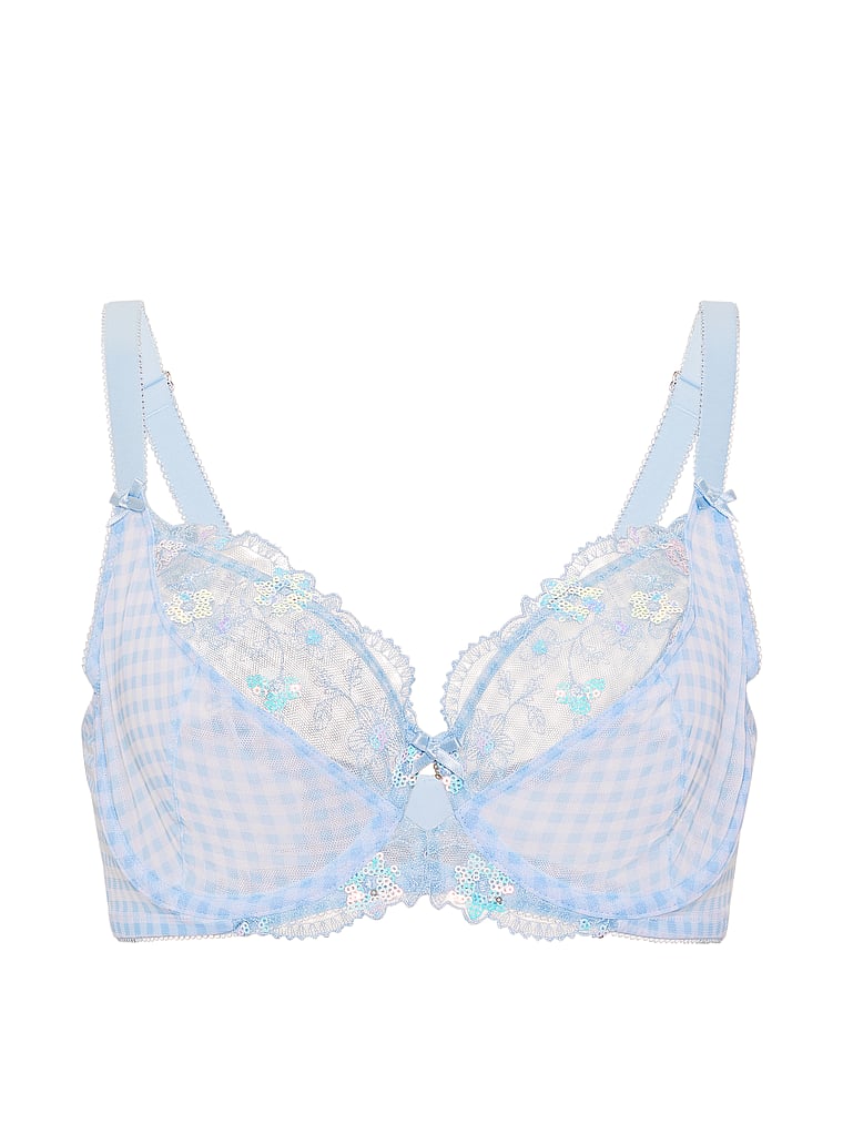 Victoria's Secret, Dream Angels Fabulous by Victoria's Secret Unlined Gingham Embroidery Full-Cup Bra, Blue Gingham, offModelFront, 3 of 4