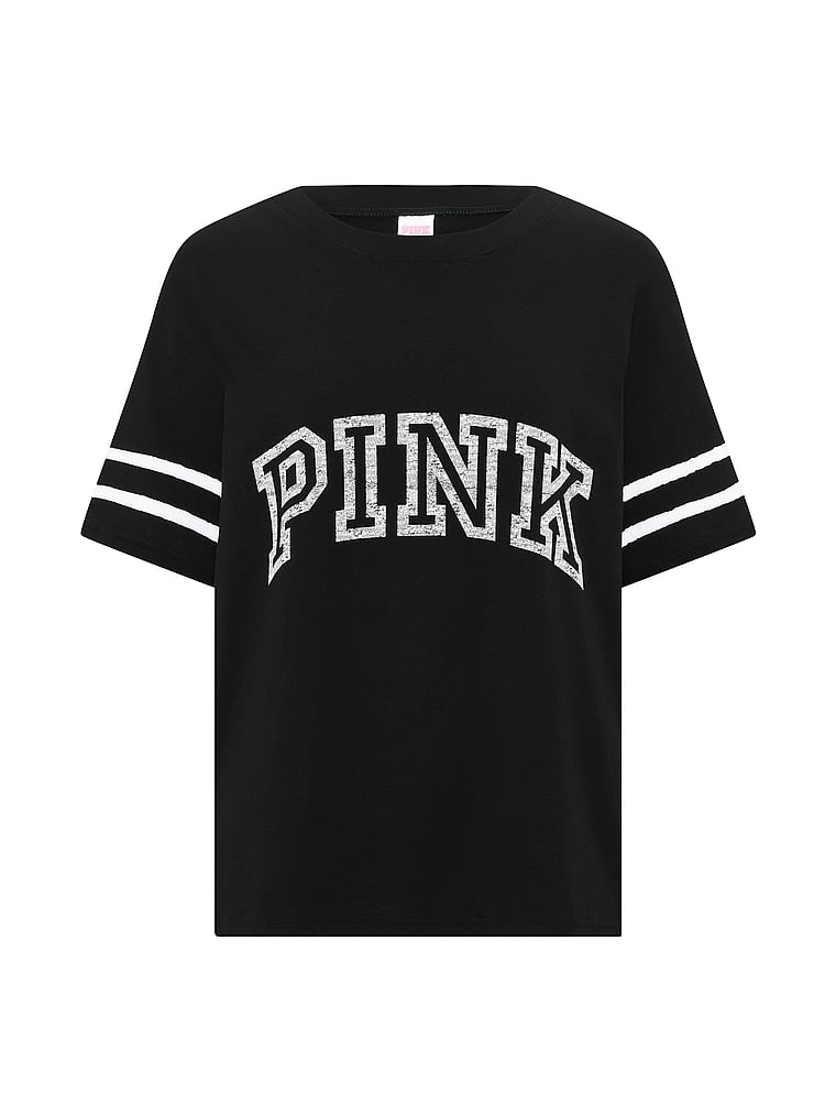 PINK Campus Cotton™ V-Stitch Crewneck Boxy Tee, Pure Black, offModelFront, 3 of 3