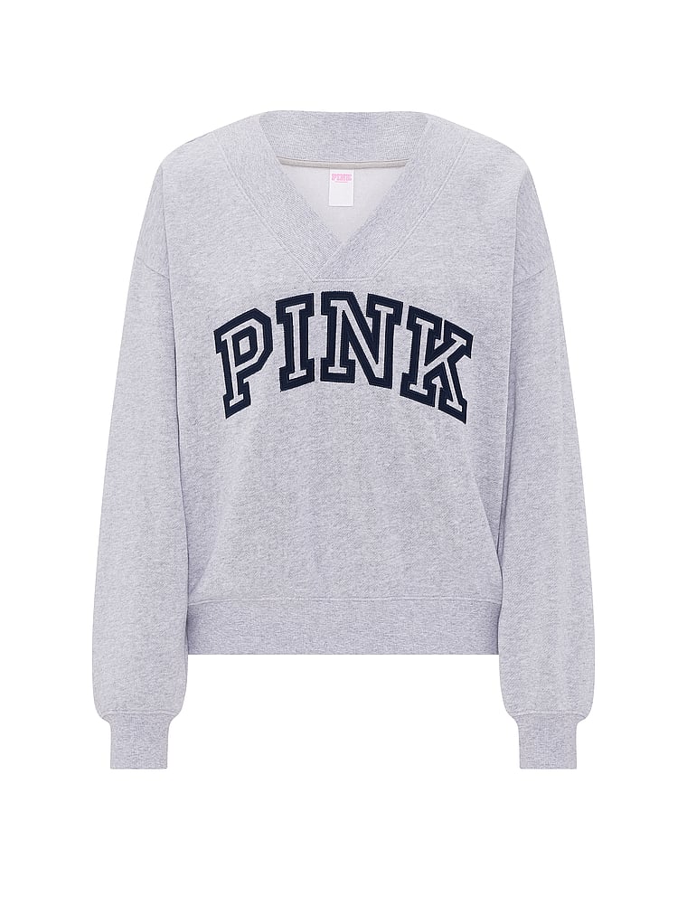 PINK Campus Fleece™ V-Neck Sweatshirt, Heather Grey, offModelFront, 4 of 4