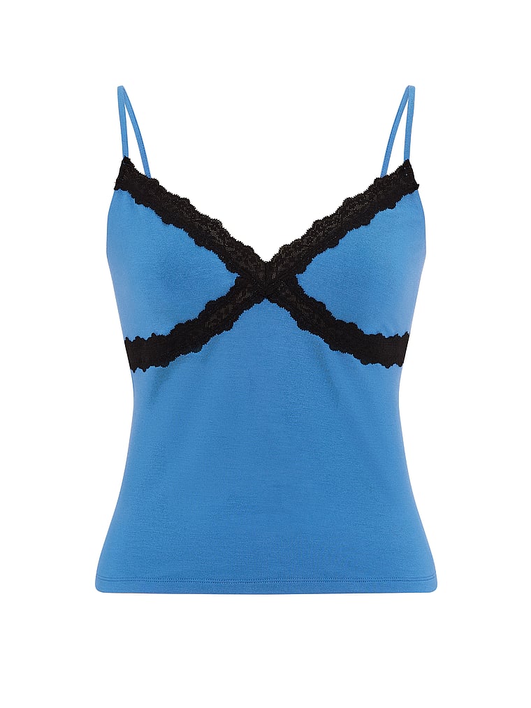 PINK 24/7 Lounge Modal Lace-Trim Cami, Varsity Blue, offModelFront, 4 of 4