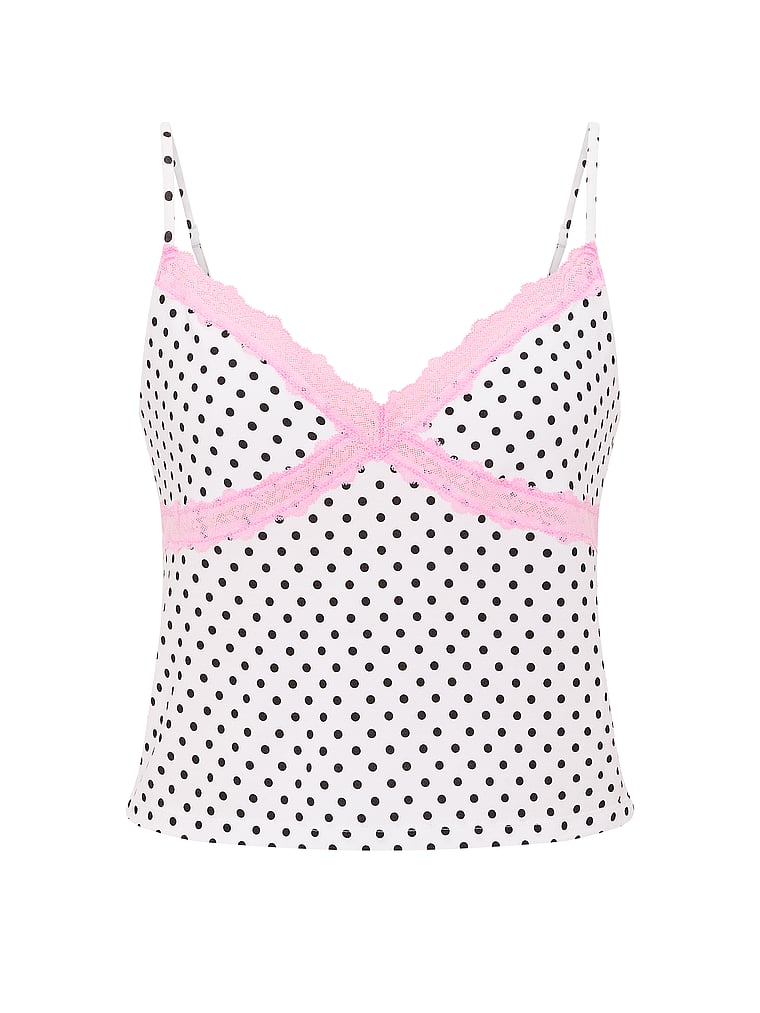 PINK Modal Lace-Trim Cami, White With Black Dots, offModelFront, 3 of 3