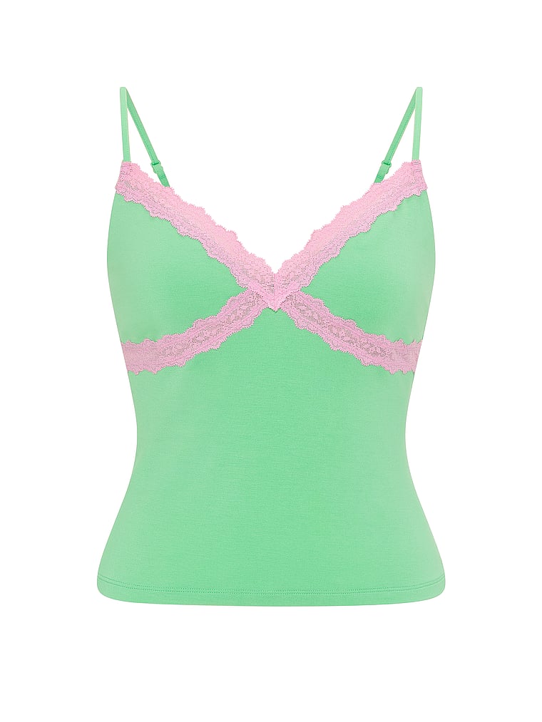 PINK Modal Lace-Trim Cami, Graphic Green, offModelFront, 3 of 3