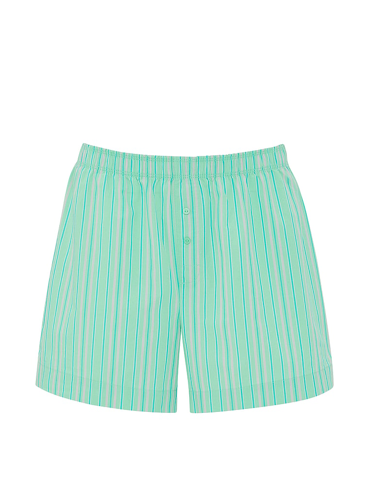 PINK Cotton Boxy Boyfriend Pajama Shorts, Graphic Green Stripes, offModelFront, 4 of 4
