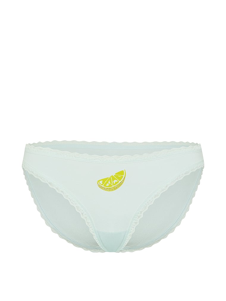 Victoria's Secret, Lace Trim Cotton Pointelle Lace-Trim Bikini Panty, Bliss Blue Lime, offModelFront, 3 of 3