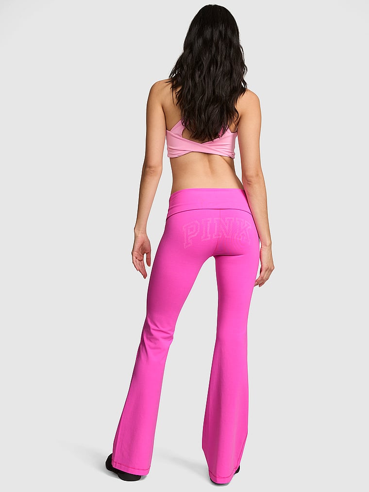 PINK All-Day Cotton™ Foldover Flare Leggings, Pink Berry, onModelBack, 2 of 4