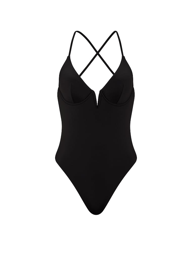 Victoria's Secret, Victoria's Secret Swim V-Wire Plunge Cheeky One-Piece Swimsuit, Pure Black, offModelFront, 3 of 3