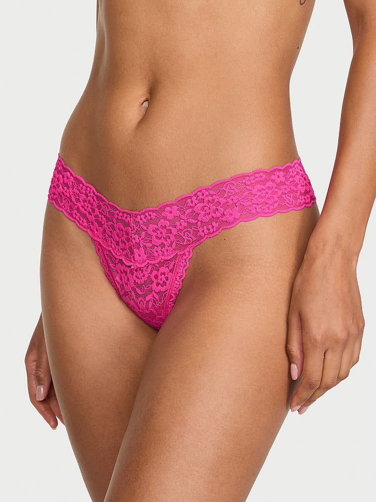 Victoria's Secret, The Lacie Lace Thong Panty, Haute Pink, onModelFront, 3 of 4