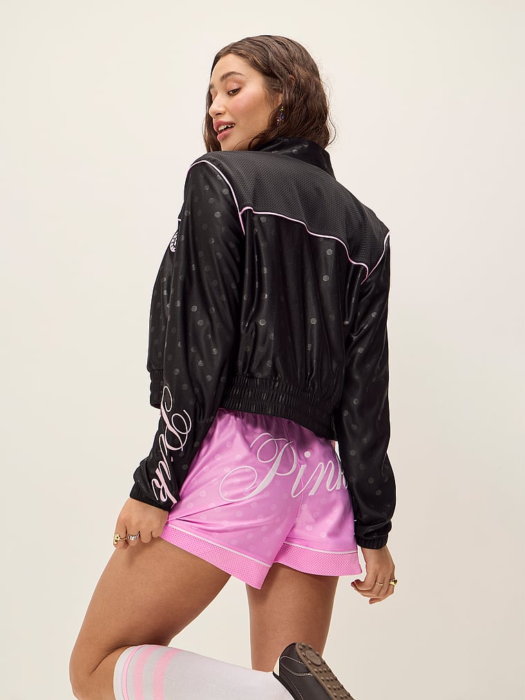 PINK Goal-Getter Satin Mock-Neck Full-Zip Jacket, Pure Black & Pink Lollipop, onModelSide, 3 of 4