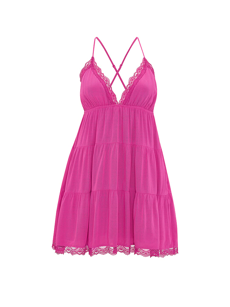 PINK Flirt Alert Tiered Mini Dress, Pink Fire, offModelFront, 3 of 3