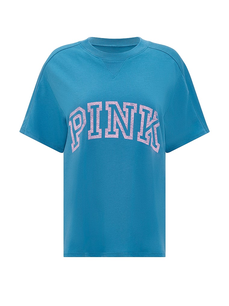 PINK Campus Cotton™ V-Stitch Crewneck Boxy Tee, Varsity Blue, offModelFront, 4 of 4