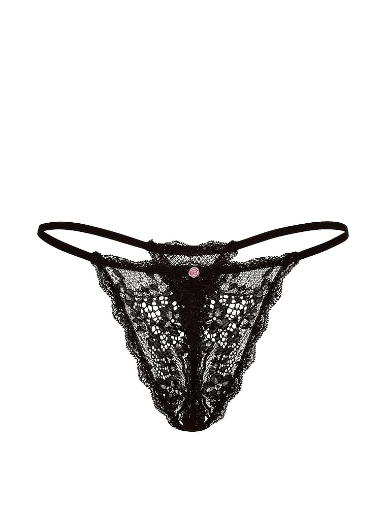 Victoria's Secret, Dream Angels Lace Peekaboo String Thong Panty, Black, offModelFront, 3 of 3