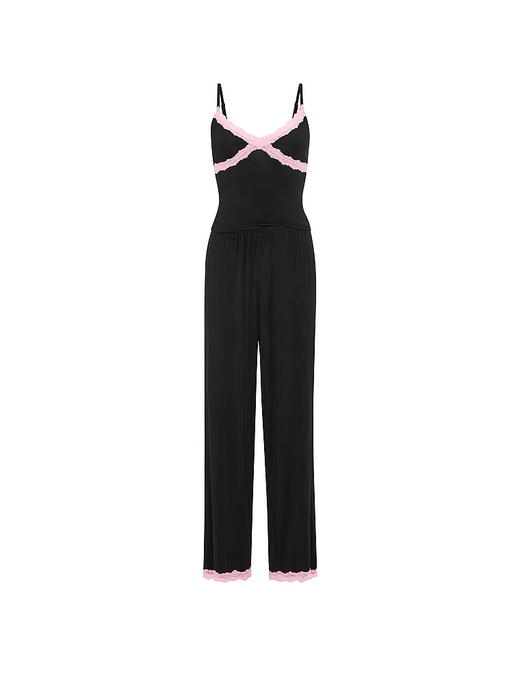 PINK Modal Lace-Trim Cami & Pants Pajama Set, Black, offModelFront, 4 of 4