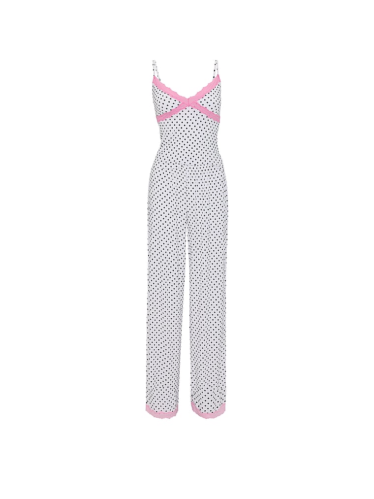 PINK 24/7 Lounge Modal Lace-Trim Cami & Pants Pajama Set, White With Black Dots, offModelFront, 3 of 3