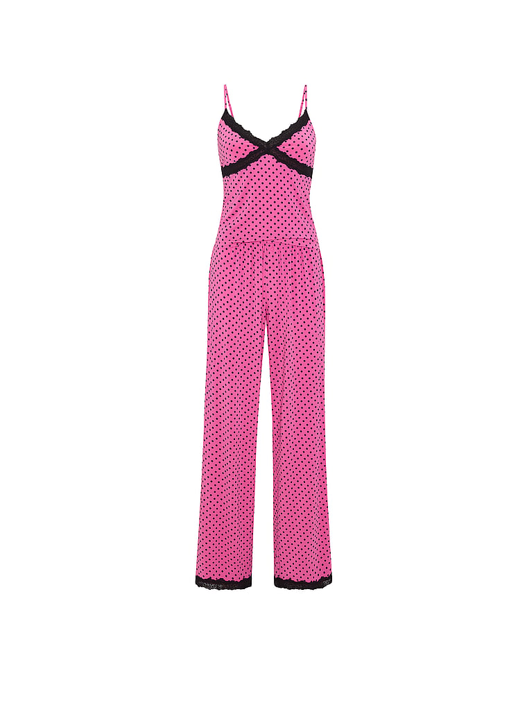 PINK 24/7 Lounge Modal Lace-Trim Cami & Pants Pajama Set, Sizzling Strawberry Dots, offModelFront, 3 of 3