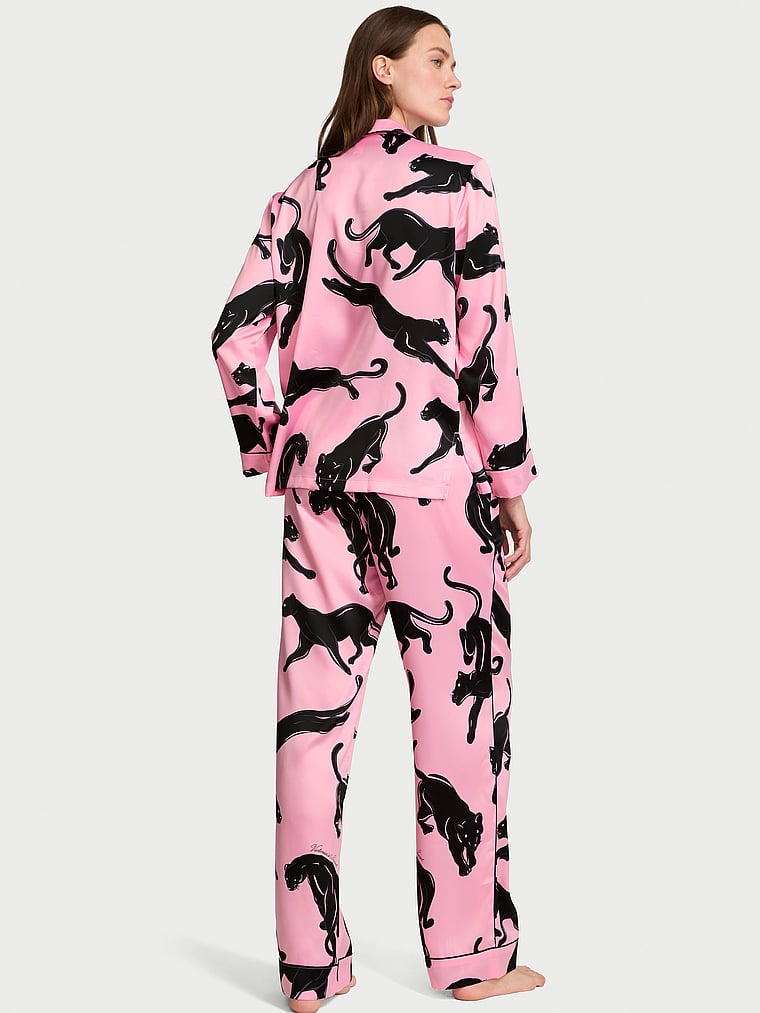 Victoria's Secret, Victoria's Secret Signature Satin Long Pajama Set, Victoria Pink Panthers, onModelSide, 2 of 5 Joy is 5'10" and wears S/Long