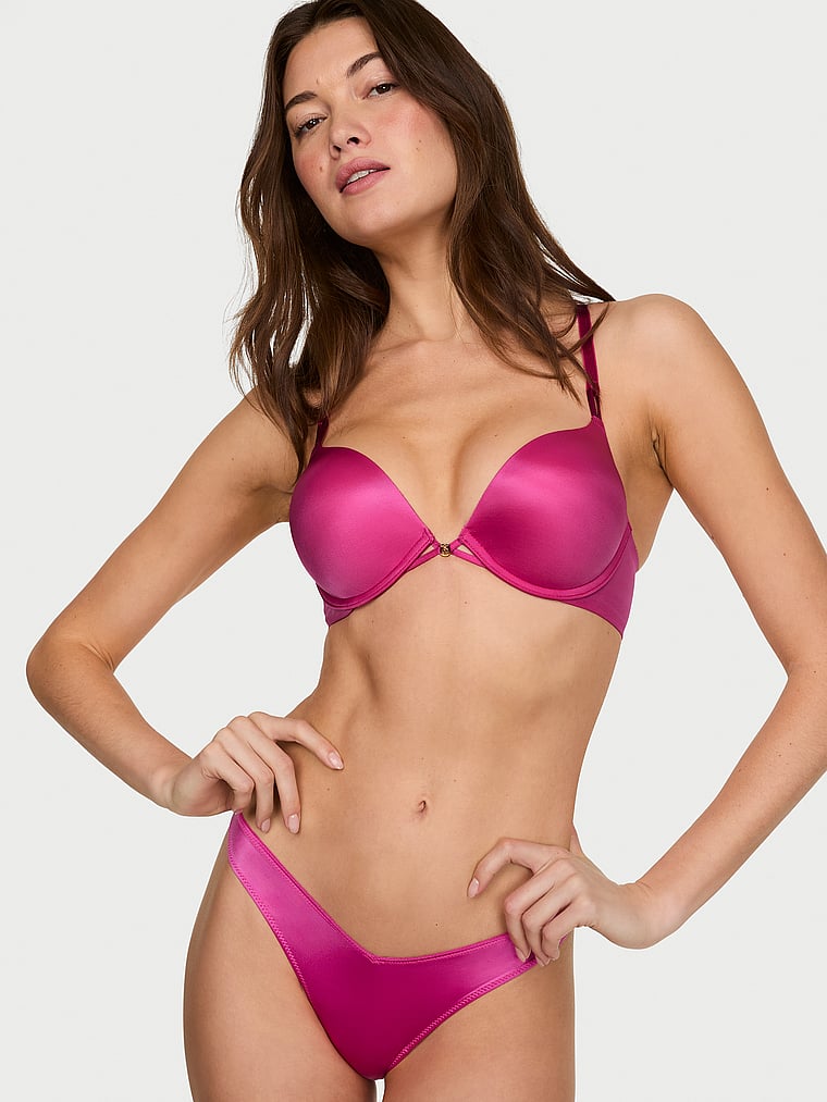 Victoria's Secret, Very Sexy Bombshell Logo Shine Strap Add-2-Cups Push-Up Bra, Pink Fire, onModelFront, 1 of 3 Kennidy is 5'11" or 180cm and wears 34B or Small