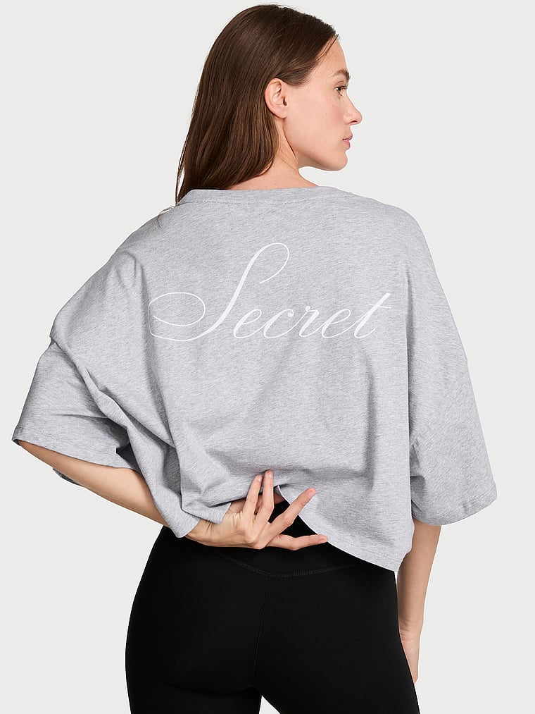 Victoria's Secret, Angel Essentials 100% Cotton Oversized Crop Tee, Medium Heather Grey, onModelBack, 2 of 3 Joy is 5'10" or 178cm and wears Small
