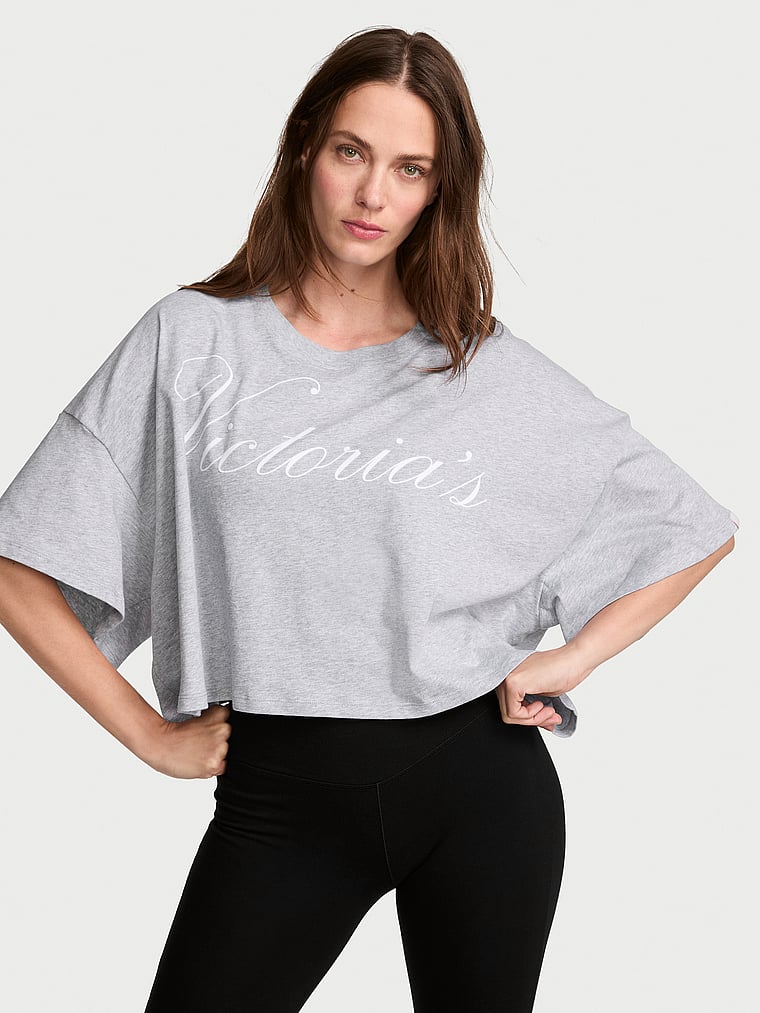 Victoria's Secret, Angel Essentials 100% Cotton Oversized Crop Tee, Medium Heather Grey, onModelFront, 1 of 3 Joy is 5'10" or 178cm and wears Small