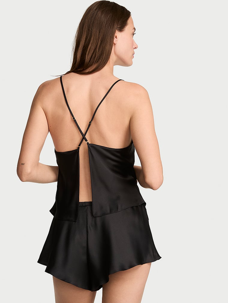 Victoria's Secret, Victoria's Secret Satin Open-Back Cami & Shorts Set, Black, onModelBack, 2 of 3 Joy is 5'10" or 178cm and wears Small