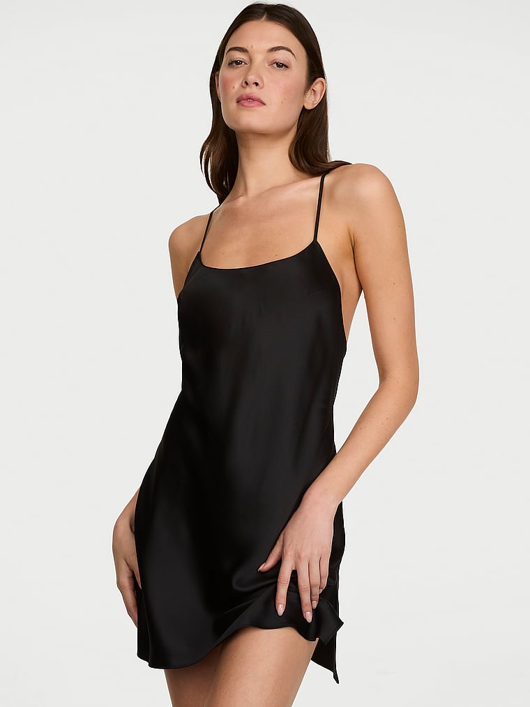 Victoria's Secret, Victoria's Secret Satin Open-Back Slip Dress, Black, onModelFront, 1 of 3 Kennidy is 5'11" and wears Small