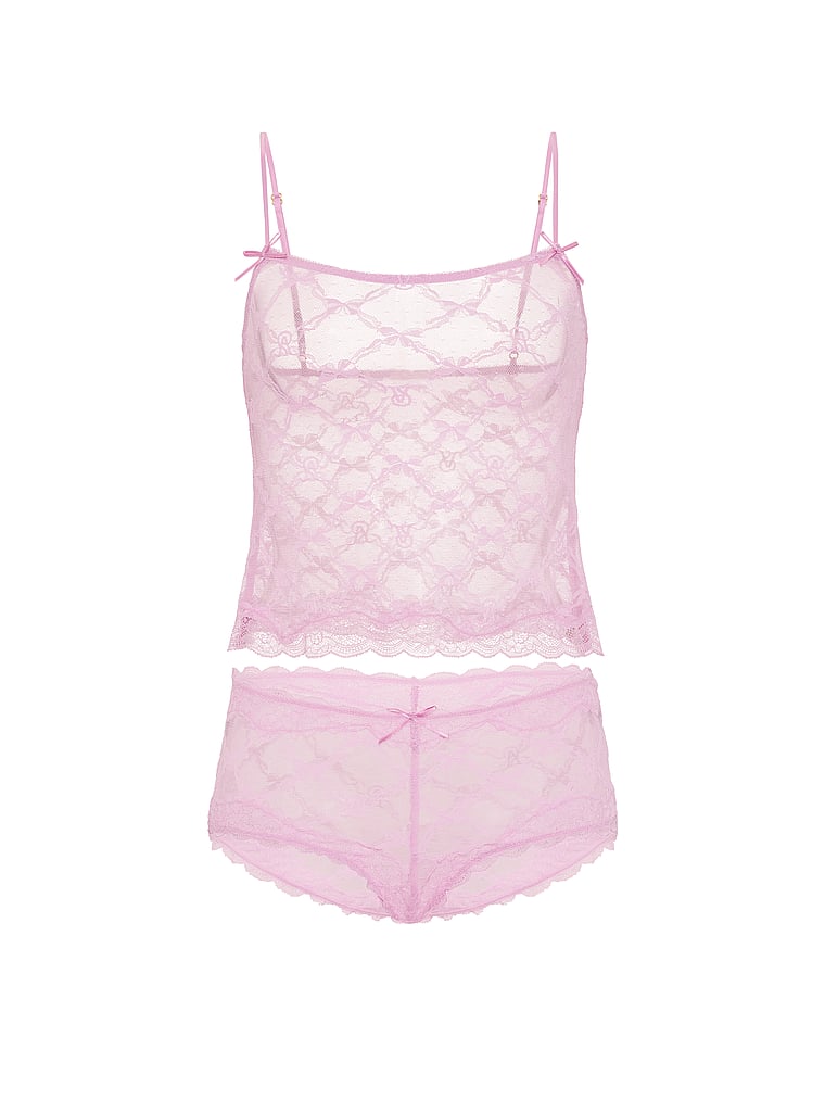 Victoria's Secret, Victoria's Secret Tease Bow Lace Cami & Shortie Set, Bikini Pink, offModelFront, 3 of 3