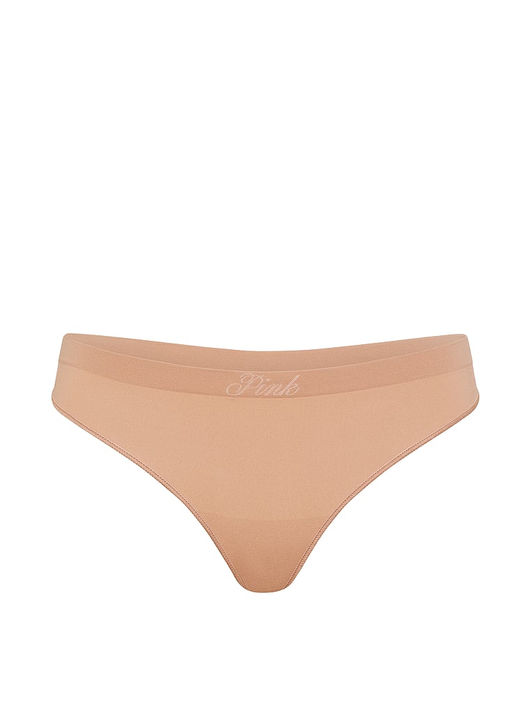 PINK Seamless High-Leg Thong Panty, Praline Logo Wb, offModelFront, 3 of 3