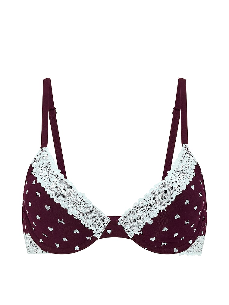 PINK Wear Everywhere Lightly Lined Demi Bra, Wild Rose Heart & Dog Print, offModelFront, 3 of 3