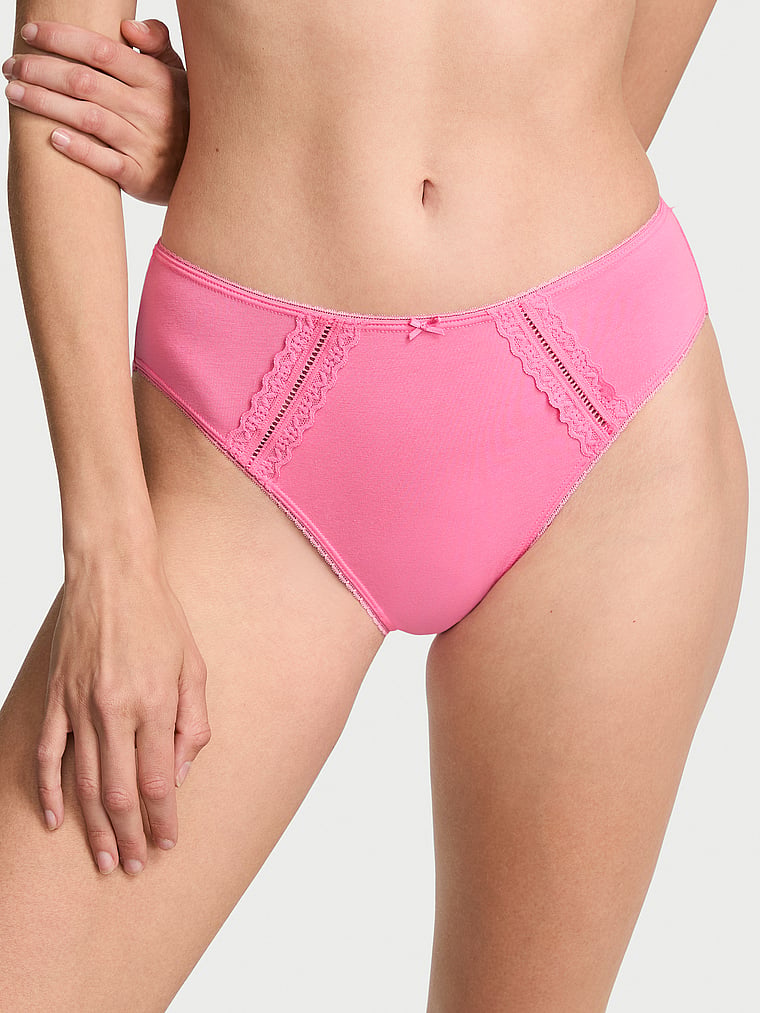Victoria's Secret, Victoria's Secret Cotton Lace-Trim High-Leg Brief Panty, onModelFront, 1 of 4