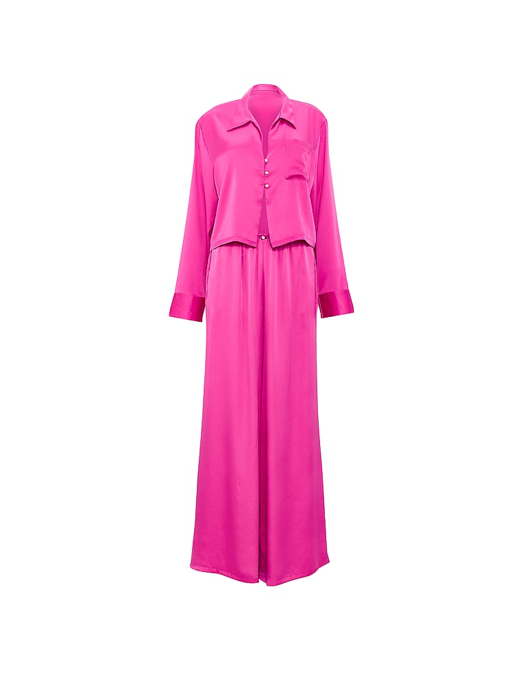 PINK GRWPINK™ Satin Flyaway Long-Sleeve & Pants Pajama Set, Pink Fire, offModelFront, 3 of 4